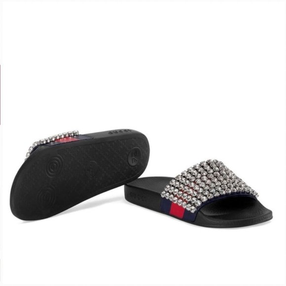 Gucci Crystal Embellished Web Slide Sandals Calfskin Leather and Rubber NEW - Picture 4 of 10